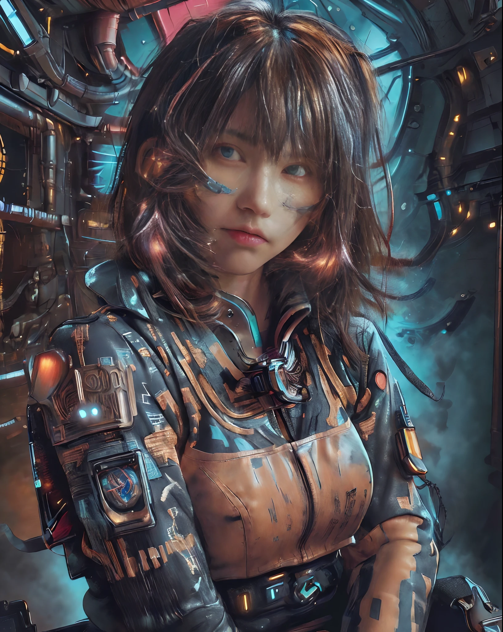 (masterpiece,best quality,ultra detailed,ultra high res,detailed background),((cyberpunk)),((flat color)),((colorful)),(1girl),pilot,pilot helmet,pilot jacket,looking at viewer,solo,upper body,colored background,high contrast,contrasting colors,cowboy shot,