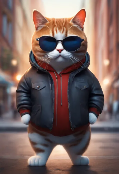 Perfect centering, Cute fat cat, Wear a jacket, Wearing sunglasses, Wearing headphones, cheerfulness, Standing position, Abstract beauty, Centered, Looking at the camera, Facing the camera, nearing perfection, Dynamic, Highly detailed, smooth, Sharp focus,...