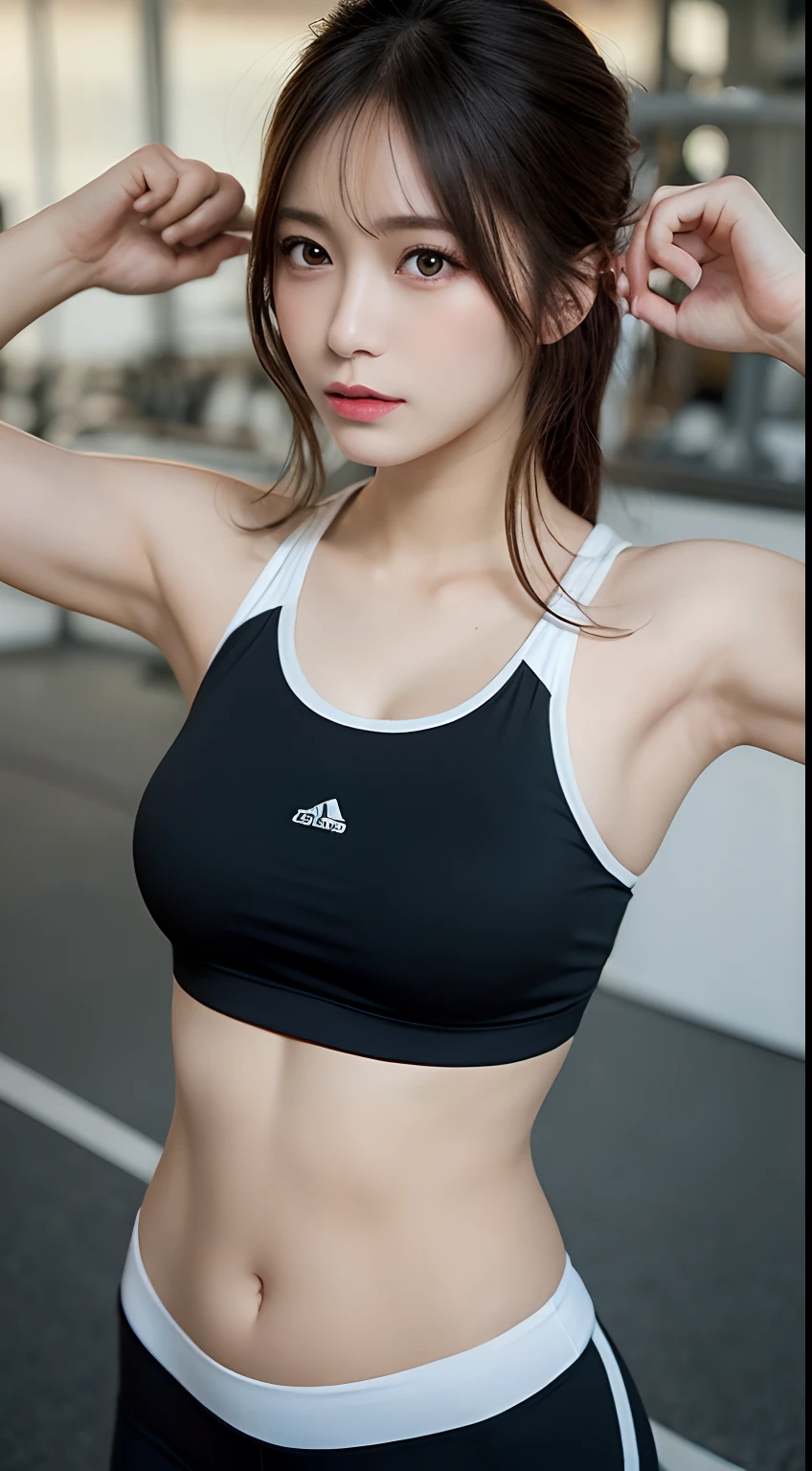 Arafed asian woman in a black sports bra top posing for a picture - SeaArt  AI