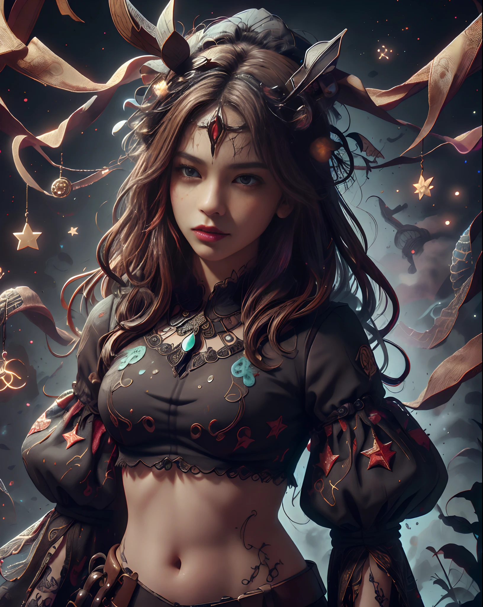 ((extreme detail)),(ultra-detailed), extremely detailed CG unity 8k wallpaper, velvet, figurine, red hood, crop top, star headdress, puffy sleeves, lips, looking away, close-up, head turn, black background