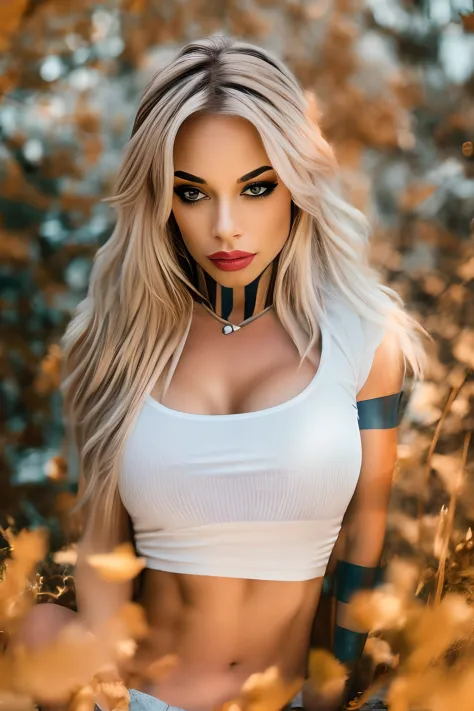 Realistic torso shot Portrait of katopunk with blue eyes and blonde Hair style, looking at viewer,   sitting, indoors, blurry, midriff t-shirt , big breasts, shortstackbt, couch, head rest, realistic, white t-shirt, soft lighting, professional Photography,...