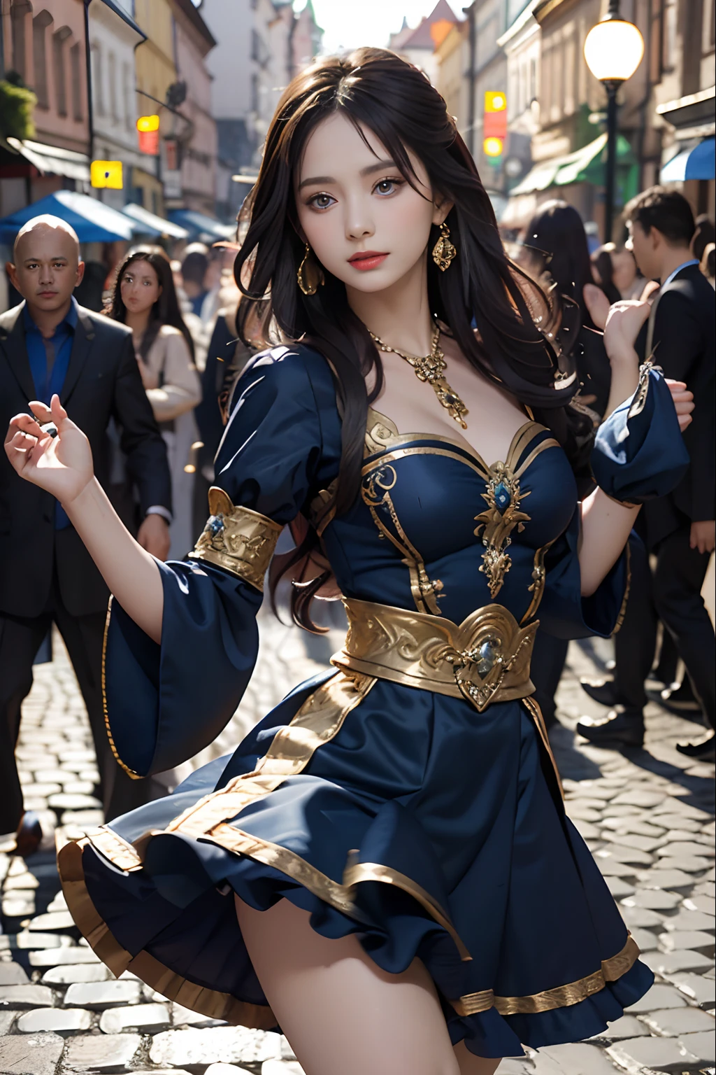 Prague Old Town Square background, gypsy dress, Dancing, Convoluted, Dark blue dress, gold, gypsy person, banquet, Large crowds, picking up skirt,pale skin, [slight smile],