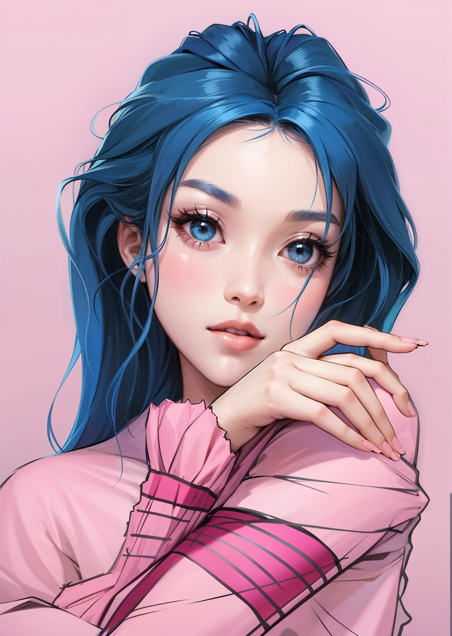 A blue-haired girl,Pink clothes