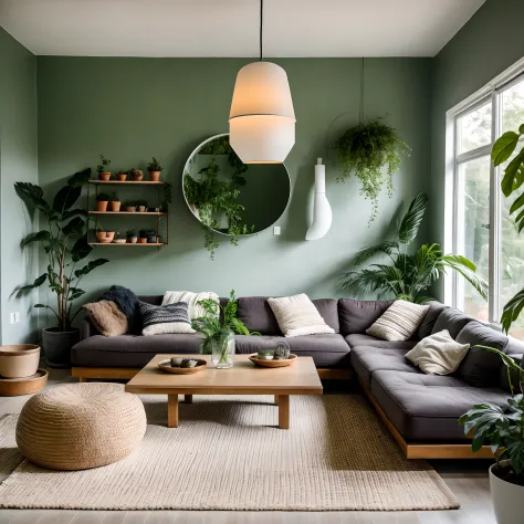 "Modern living room interior design close to nature, potted plants, green plants, ceiling light.",day, 8k uhd, dslr, soft light, high quality, film grain, Fujifilm XT3