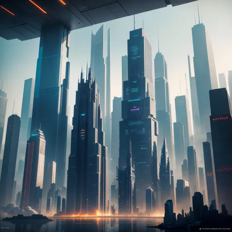 A futuristic city with skyscrapers，A cyberpunk futuristic city depicted with overwhelming power and scale，ＳＦart by，planet earth，超A high resolution、A building far beyond the imagination of mankind，Constructs，ＳＦFantasia，