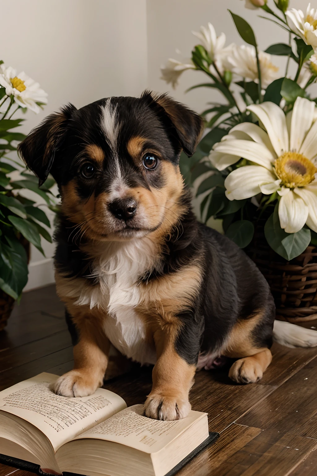 chiots mignons avec des fleurs