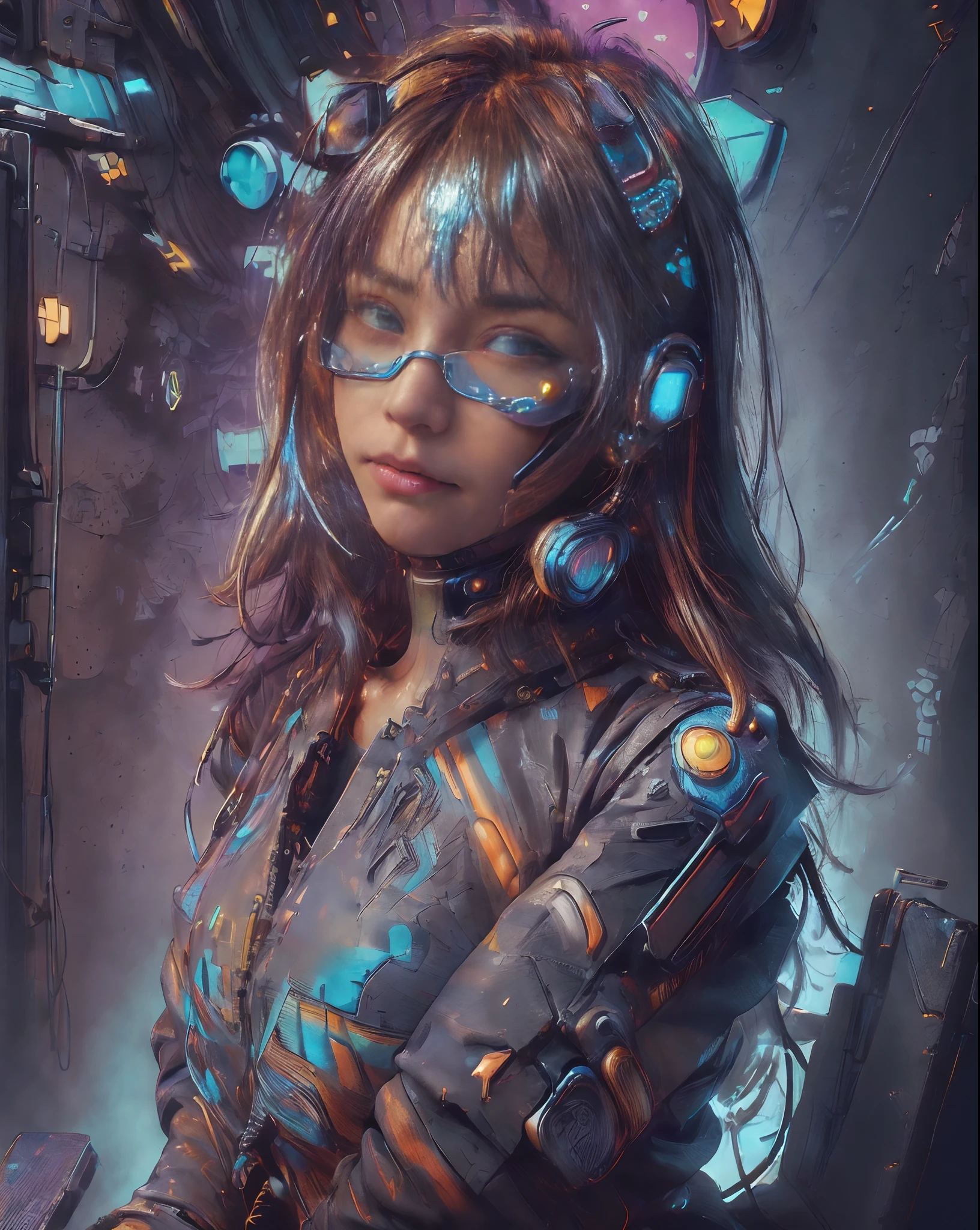 (((Random posture:1.2))), (masterpiece,best quality,ultra detailed,ultra high res,detailed background),((cyberpunk)),((flat color)),((colorful)),(1girl),pilot,pilot helmet,pilot jacket,looking at viewer,solo,upper body,colored background,high contrast,contrasting colors,