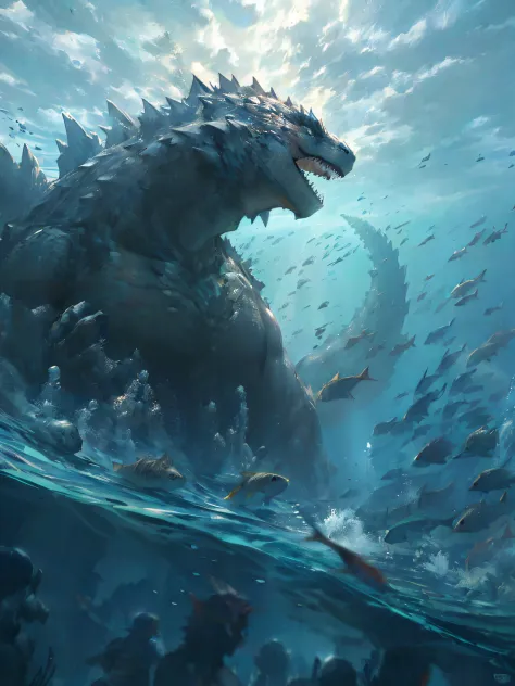 Godzilla rises from the water with a large school of fish, wojtek fus, author：Arthur Penn, highly realistic concept art, by Yang J, Godzilla, author：Jeremy Chang, author：John Ragatta, cgsociety and fenghua zhong, author：Ryan Barger, underwater sea monster,...