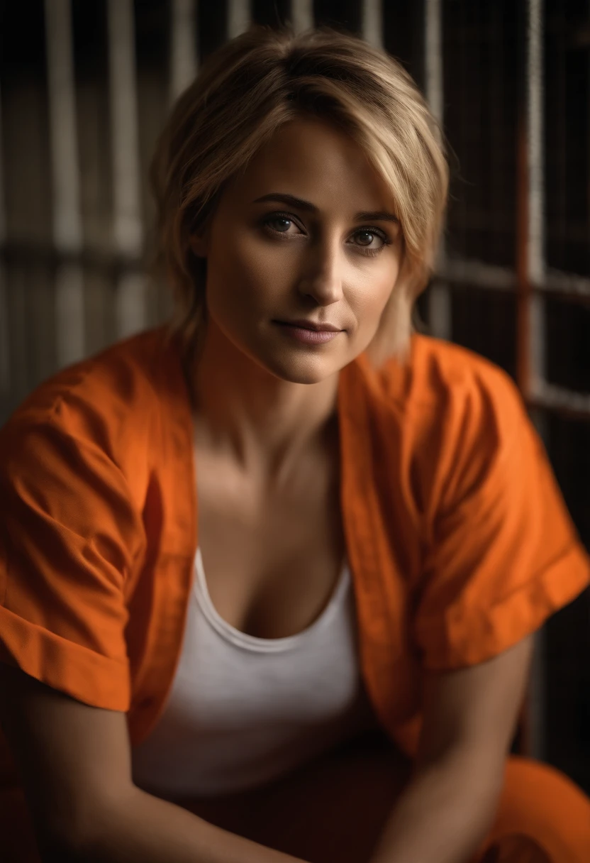 ((realism)), extremely high quality RAW photograph, detailed background, intricate, messy hair, Exquisite details and textures, highly detailed, Photo of (Allison Mack) in a prison cell, (wearing orange prison clothes:1.3), Looking away from the camera, ultra detailed photograph, warm lighting, artstation, 4k, sharp focus, high resolution, detailed skin, detailed eyes, 8k uhd, dslr, low harsh lighting, high quality, film grain, Fujifilm XT3, sad:1.3