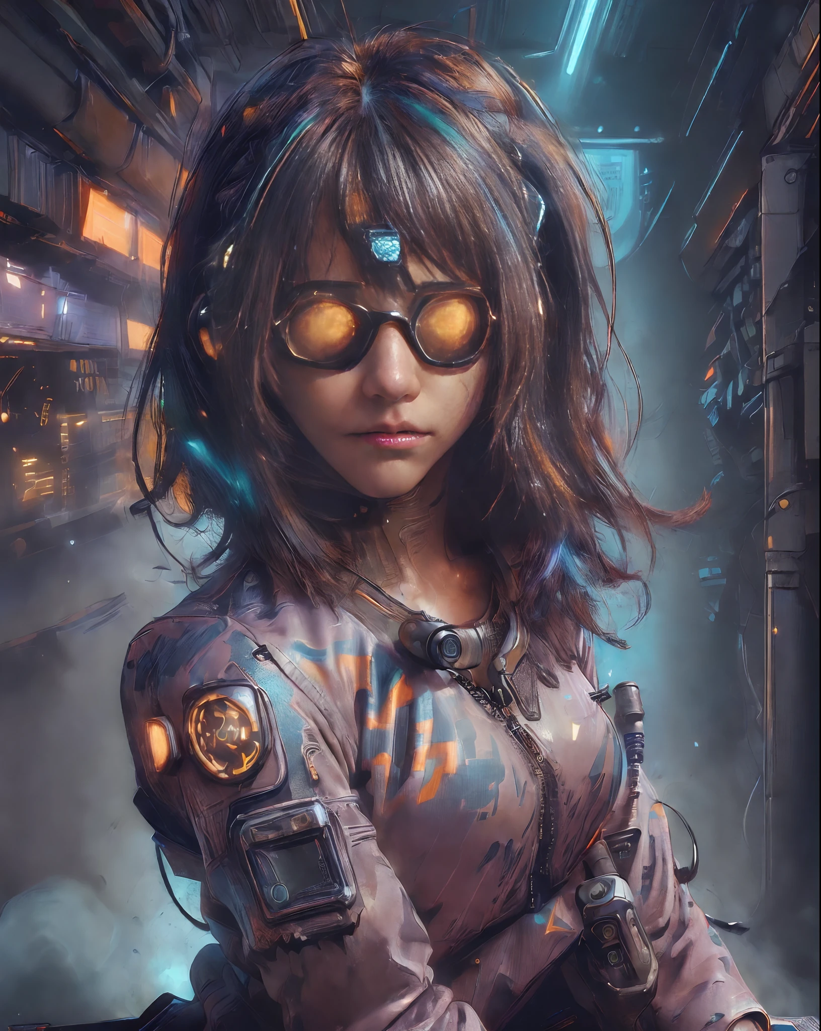 (((Random posture:1.2))), (masterpiece,best quality,ultra detailed,ultra high res,detailed background),((cyberpunk)),((flat color)),((colorful)),(1girl),pilot,pilot helmet,pilot jacket,looking_at_viewer, (goggles:1.2),solo,upper body,colored background,high contrast,contrasting colors,