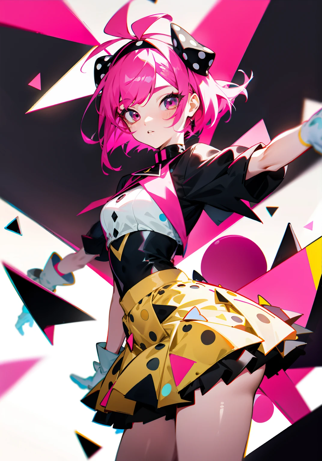 kpop girl with short nice fadecut pink hair, lots of shapes attatched everywhere, random shapes mostly triangle, yellow skirt with polcadots, red gloves, and an 2 antena headband