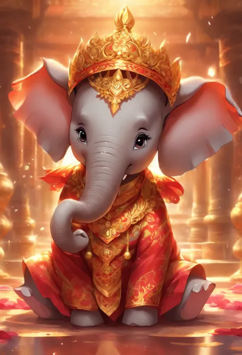 A cute young elephant Wear the royal Thai costume. Thai atmosphere
