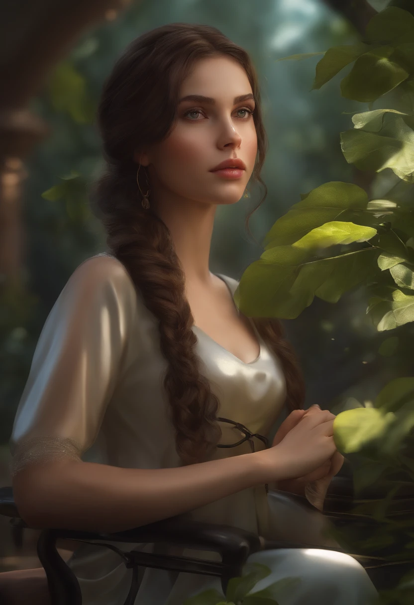 "(best quality, ultra-detalhado, Realistic:1.37), (Cinematic lighting), (fotorrealista:1.37), (scientific fiction), (artistas conceituais), (vivid colors), (Bokeh), uma obra-prima, High resolution CG illustration of a beautiful and delicately beautiful girl, com olhos detalhados, lips, e rosto.  is sitting alone on a futuristic chair in a serene garden, With a stoic expression. She's a mechanical girl, Exuding a sense of mystery. The scene is illuminated by cinematic lights, criando um ambiente pitoresco. Girl is wearing a student uniform with a mini skirt, and radiates confidence and grace. The artwork is a perfect blend of science fiction and concept art, com detalhes realistas e cores vibrantes."