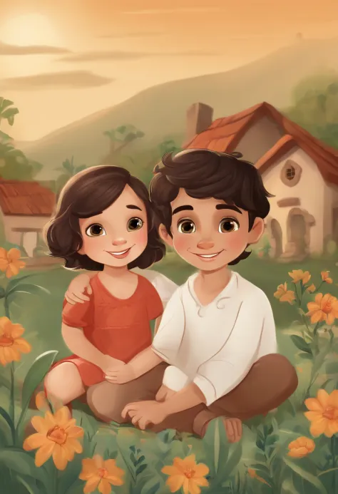 Boy: Miguel, approximately 5 years old, short Disney style hair, brown eyes and smiling. Girl: Giovana, 2 years old, long black hair and blue eyes. Scenario: Miguel and Giovana are in a cozy little house in the valley, in the background a sunny day, highli...