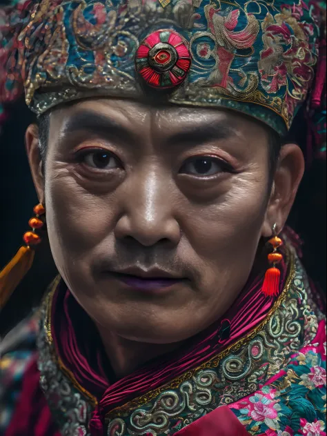 Close-up of the face of a Chinese Sichuan opera actor,close up photograph,Photography,Photorealism,imagination,Blame the core,Dark atmosphere,Face shot (VCU),Extreme closeup, --Original style --Glass