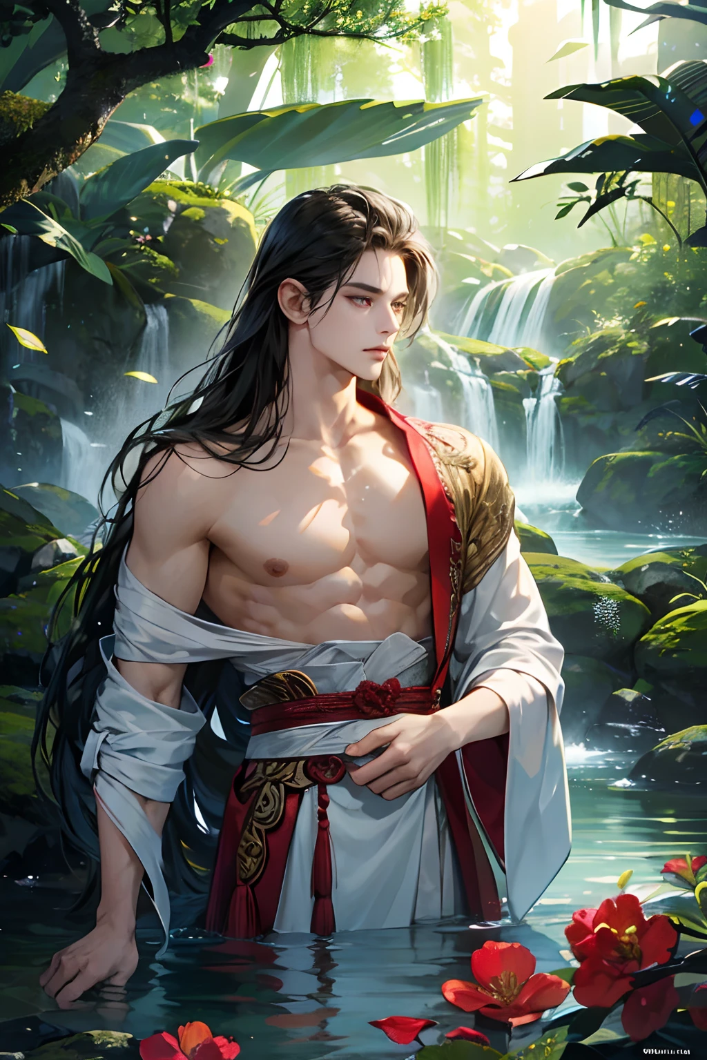 1 boy, Young male, Detailed eyes and faces, Perfect male body, eye looking to camera, (long hair, half body inside water, Topless, bathe in water, wet hair and body),Chinese clothing, China Landscape, Outdoor, Flowers and trees, waterfallr, portrait, color difference, Depth of field, dramatic shadow, Ray tracing, Best quality, Cinematic lighting, Extremely detailed CG, 8k wallpaper,