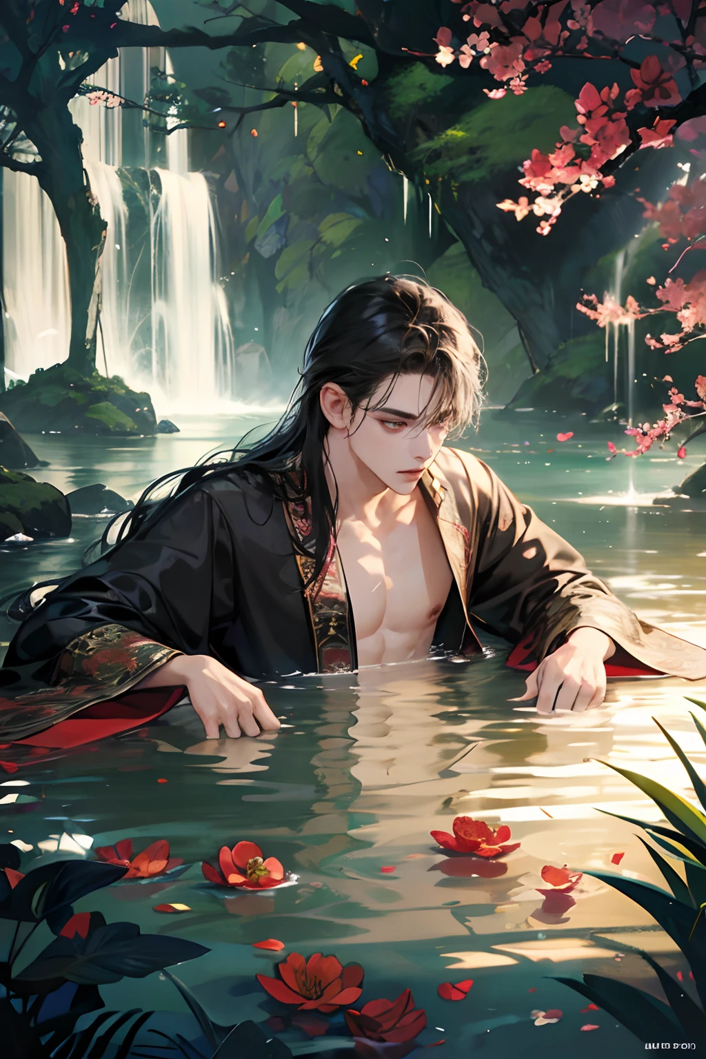 1 boy, Young male, Detailed eyes and faces, Perfect male body, eye looking to camera, (long hair, half body inside water, Topless, bathe in water, wet hair and body),Chinese clothing, China Landscape, Outdoor, Flowers and trees, waterfallr, portrait, color difference, Depth of field, dramatic shadow, Ray tracing, Best quality, Cinematic lighting, Extremely detailed CG, 8k wallpaper,