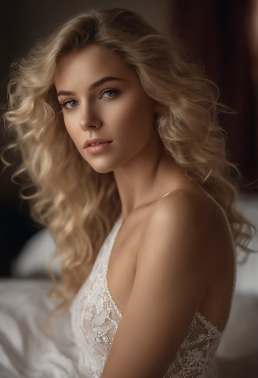 (beste-Qualit, master piece: 1.2), fille de 18 ans,fille sexy aux yeux bleus, looking straight at camera, corps fin,  portant une chemise de nuit en dentelle, lying in bed, Morning light, realistic face, corps parfait, bonne anatomie, visage parfait, long curly hair, cheveux blond, photorealism, hyper-detailed, highly quality, posant pour la photo, sexy, nue, latina