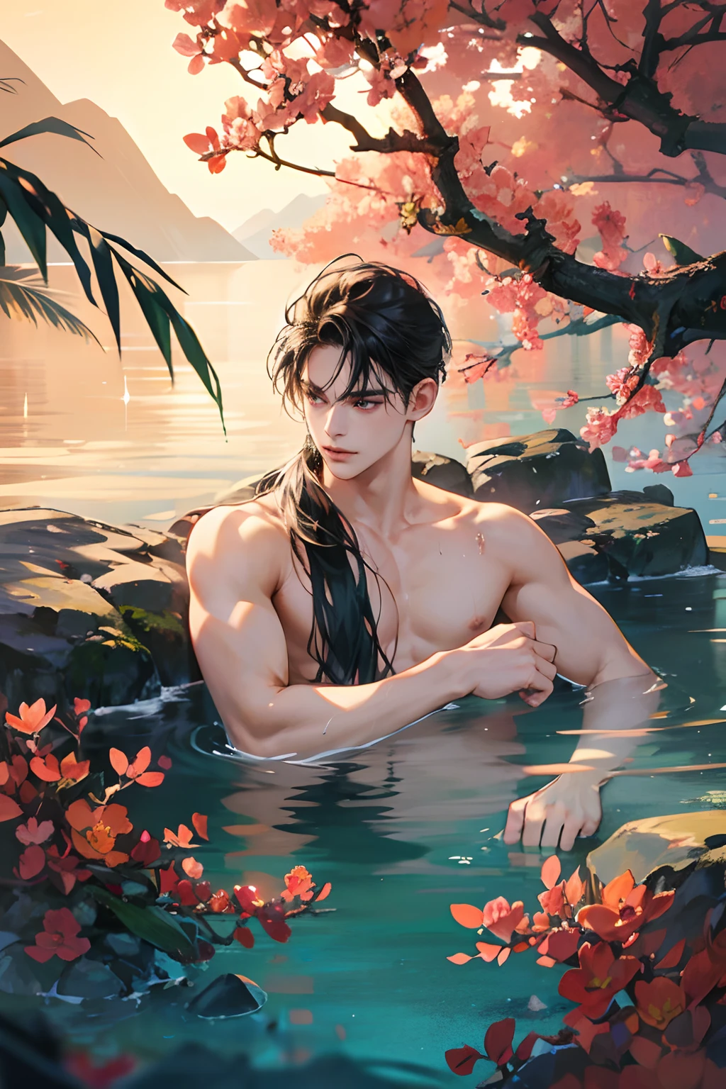 1 boy, Young male, Detailed eyes and faces, Perfect male body, eye looking to camera, (long hair, half body inside water, Topless, bathe in water, wet hair and body),portrait, Chinese clothing, China Landscape, Outdoor, peach blossoms, pine trees, lake, color difference, Depth of field, dramatic shadow, Ray tracing, Best quality, Cinematic lighting, Extremely detailed CG, 8k wallpaper,