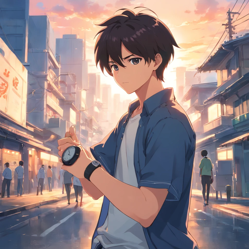 Anime boy holding a smart phone in a city street - SeaArt AI