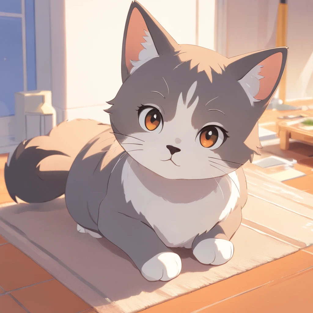 Anime cat sitting on a rug in a room with a window - SeaArt AI