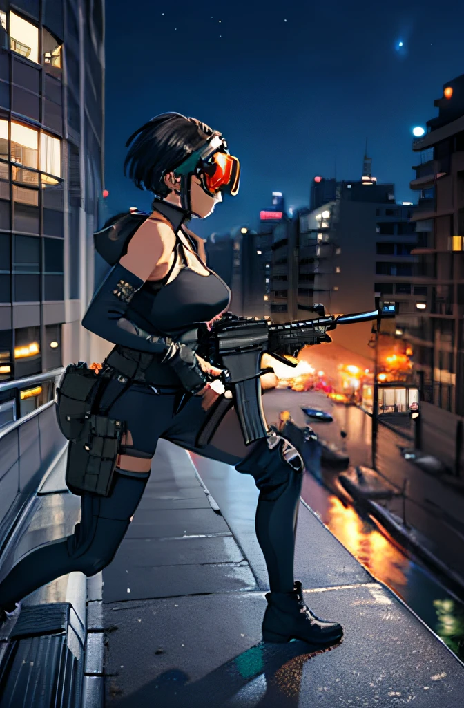 femele、Short-cut hairstyles、 独奏、Black goggles、(Tight bodysuit with dark skin, long boots), Full body, Running、Shot from the side, (How to hold a weapon and how to aim, M4 carbine), Realistic, Shoulder holster, On the roof of a building、nighttime scene