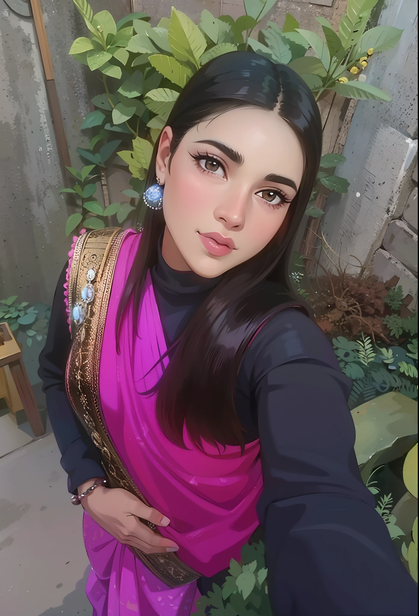 Un primer plano de una mujer con un sari rosa posando para una foto, selfie de una mujer joven, maya ali as d&D mago, belleza tradicional, inspirado en Ambreen Butt, hechicera maya ali, maya ali, maya ali as a mage, maya ali mage, imagen de muy muy baja calidad, vistiendo una kurta de seda, Fotografía autofoto de 8k