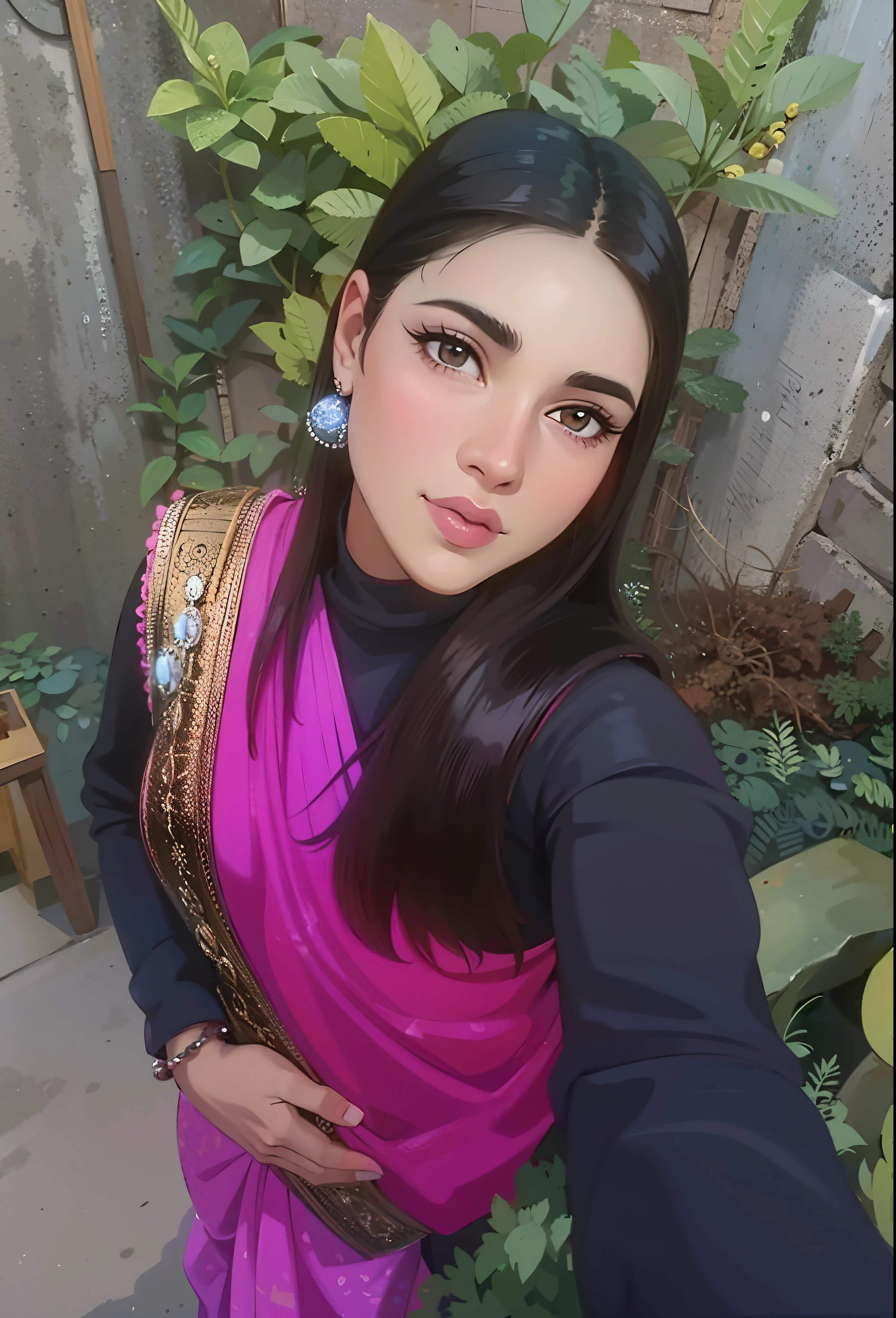 um close de uma mulher com um sári rosa posando para uma foto, selfie de uma jovem, Maya Ali as d&d mago, beleza tradicional, inspirado por Ambreen Butt, Maya Ali sorceress, Maya Ali, Maya Ali as a mage, Maya Ali mage, imagem de qualidade muito baixa, vestindo uma kurta de seda, Fotografia selfie 8k