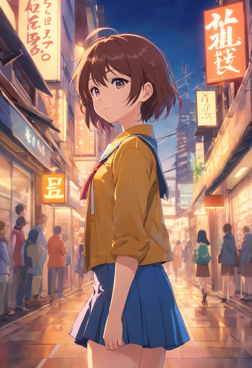 A woman in a short skirt and yellow shirt standing in a city street -  SeaArt AI