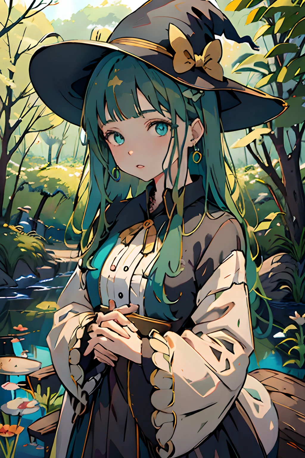 Woman, Long hair, Ultra realistic 8K, butterfly, Blunt bangs, Parted lips, Holding, Green eyes, hat bow, black headwear, Bangs, girl, Green hair, aqua hair, Available ornaments, masutepiece, Witch Hat, Bow, Long sleeves, Best Quality, depth of fields, Upper body, Jewelry, Looking at Viewer, earrings, aqua eyes, Raw photo, Witch, hat flower, hat, Lace, Solo, frilld, In the background、adventure、