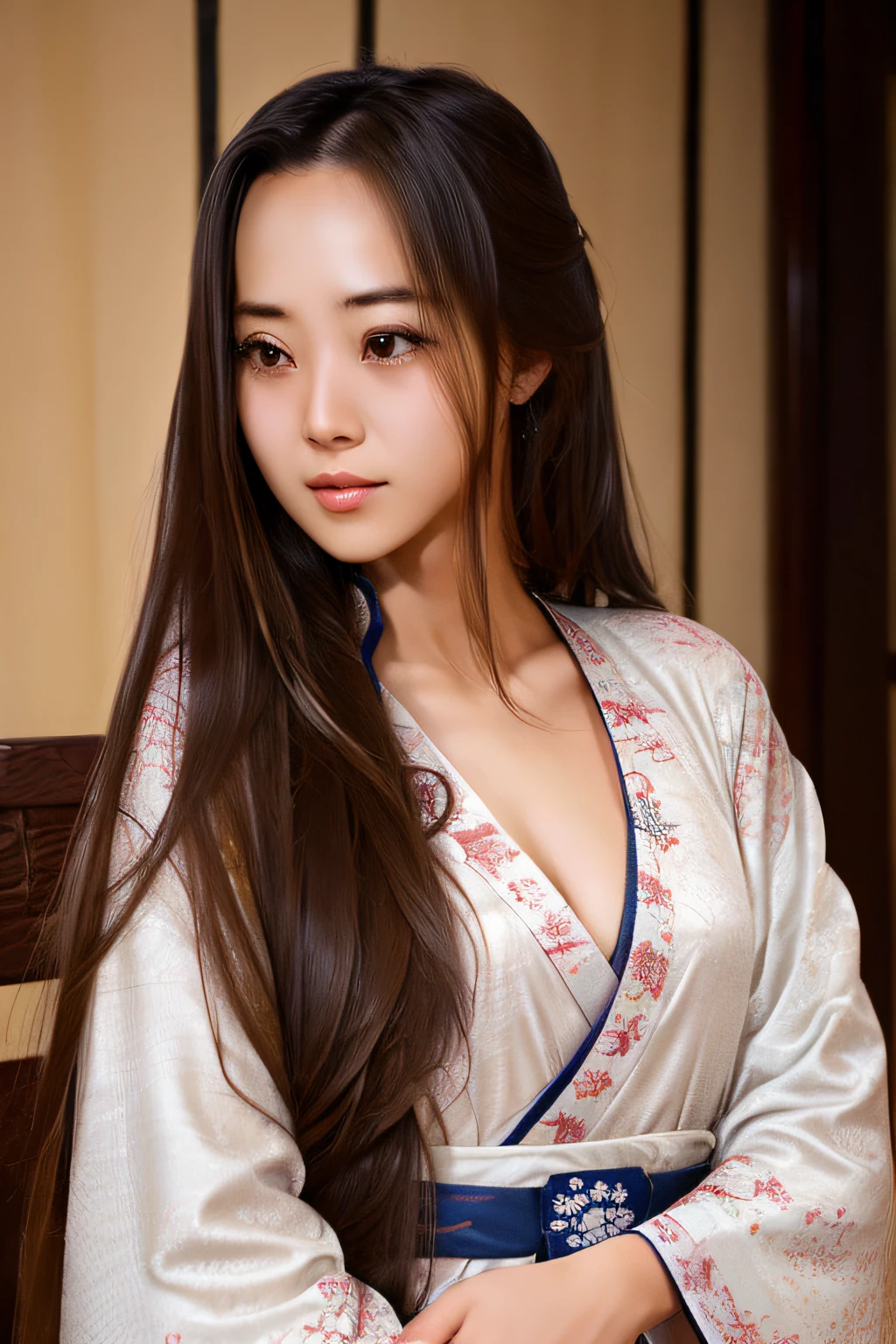 Menina com cabelo comprido e meio corpo，Vento antigo，Hanfu