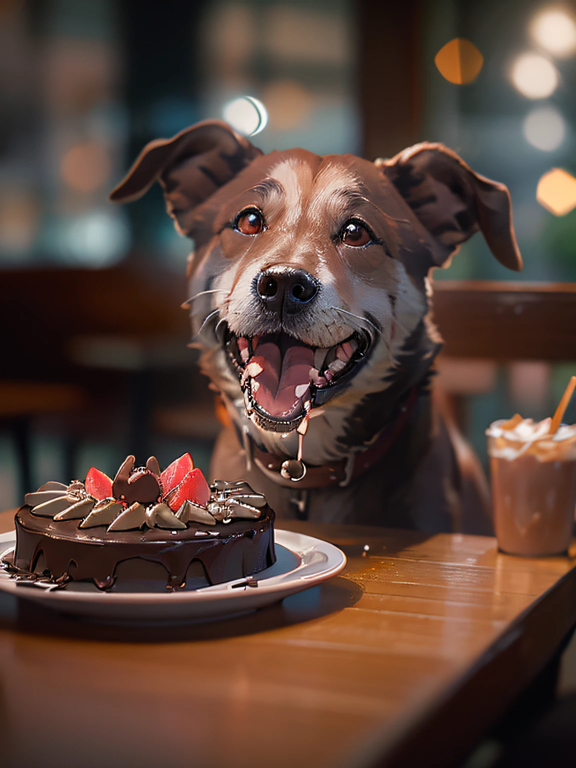 a professional photo of greyhound dog, grinning, dog body, eating a large chocolate cake in a restaurant, cinematic dramatic light, smooth transition, bokeh