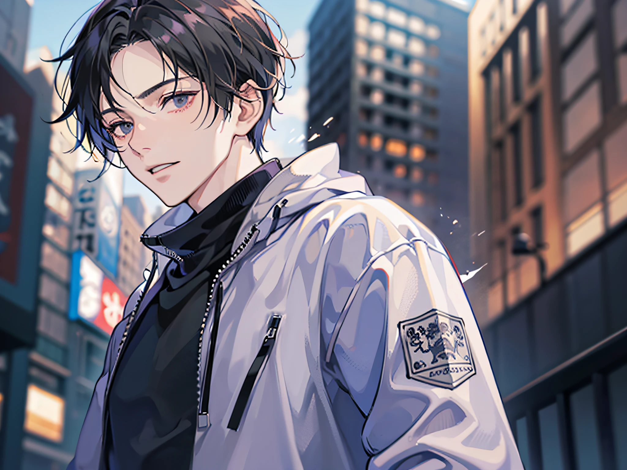 masutepiece, Detailed picture,Single male,late 20s age, The upper part of the body, A dark-haired, Black eyes, gloom, Dynamic Angle,Wearing a sweatshirt,Reviewer is watching, The background is the city