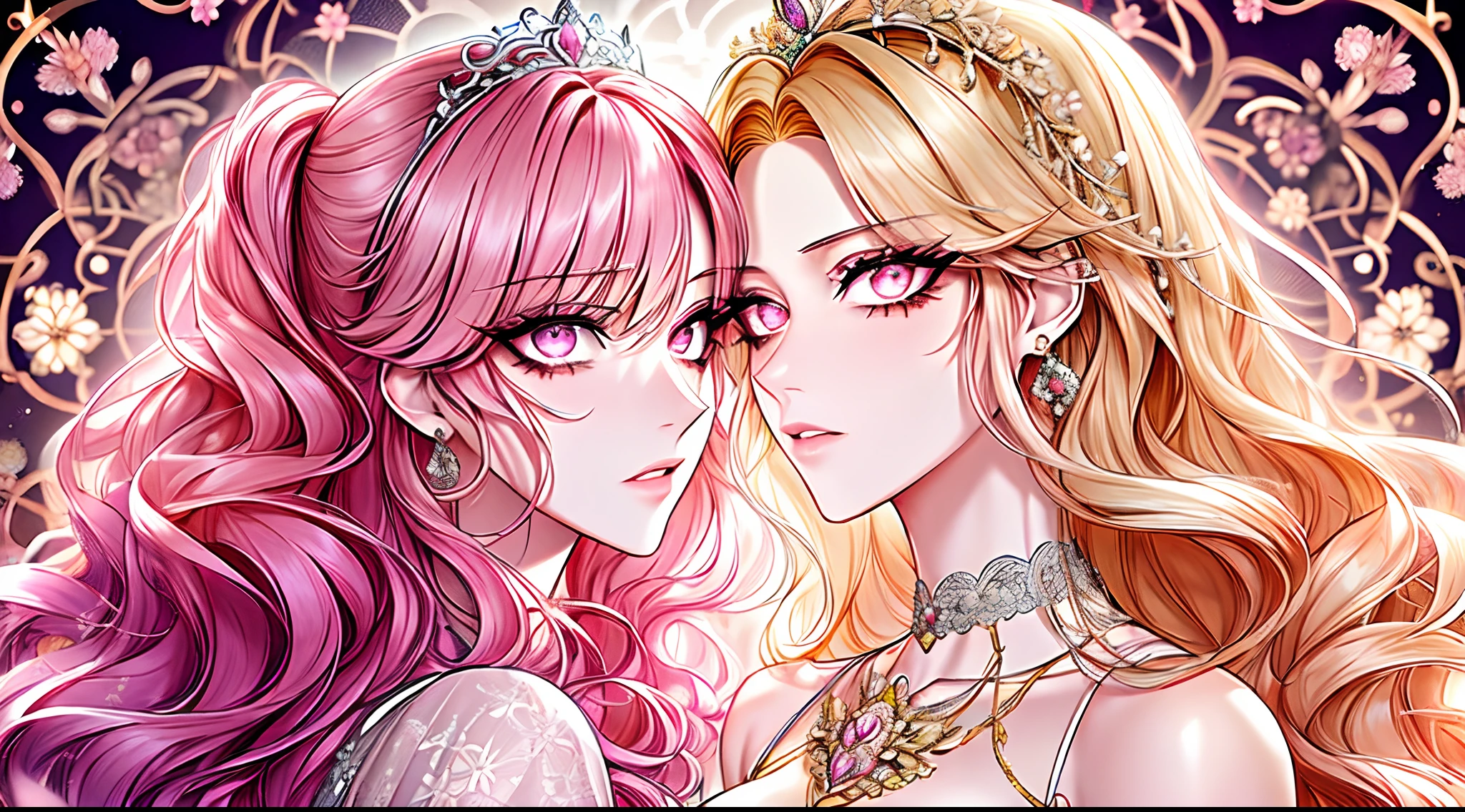 ((shoujo-style, floral background, romance manhwa)), (close up), (2girls aligned:1.2), couple, pink hair, platinum-blonde hair, solo, long hair, flower, dress, thick eyeblows, flower, straight hair, blaid, closed mouth, collarbone, breast, (cleavage), puffy sleeves, white dress, purple dress, elbow gloves, earrings, necklace, (tiara), jewelry, golden, lace trimmed, bow, face focus, teasing, beautiful face, detailed eyes, detailed pupil, looking at viewer, all intricate