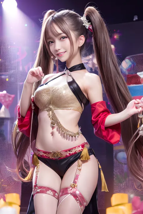 one girls、long twintail, Show white teeth and smile, A dark-haired, Black eyes、big red ribbon、Big、belly dancer、dance、Festival Background、The absence of defects in the fingers and toes