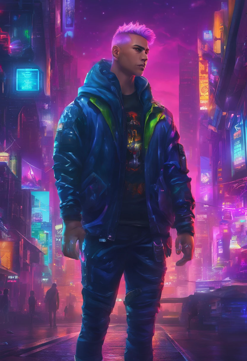 The most beautiful futuristic space boy, rainbow colour hair, a purple eye, Wear a hoodie, graphic t shirt, Ripped skinny jeans and highly refined technologically futuristic gear, Suspended in the future high-tech city，Starcloud，Very detailed background, Perfect masterpiece, High quality, high resolution，large scene，