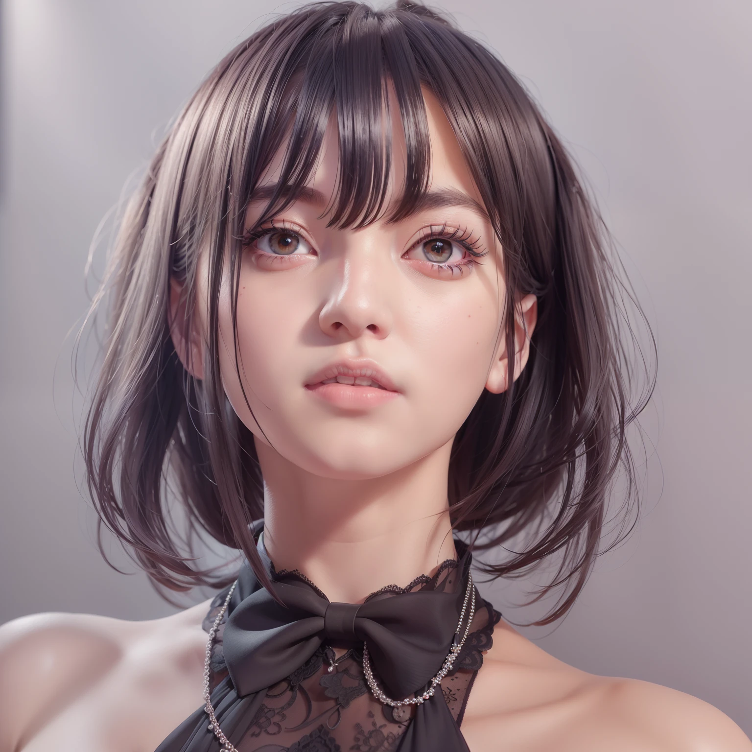 Alafidian woman wearing a black bow tie and necklace, photorealistic anime girl rendering, 3 d anime realistic, Rendu portrait 8k, render of a cute 3d anime girl, Realistic anime 3 D style, anime styled 3d, Smooth anime CG art, Realistic young anime girl, hyper realistic anime, Soft portrait shot 8 K, Photorealistic anime