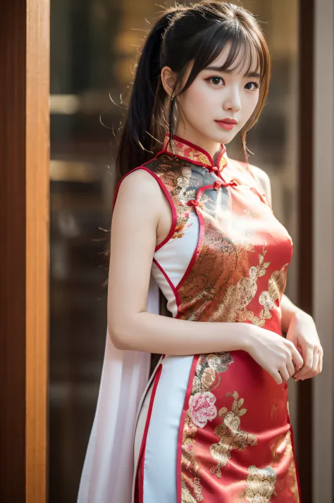 ((Best Quality, 8K, Masterpiece: 1.3)), Focus: 1.2, Wearing Traditional Chinese Costume, Cheongsam, Sleeveless, Split End, Full ...