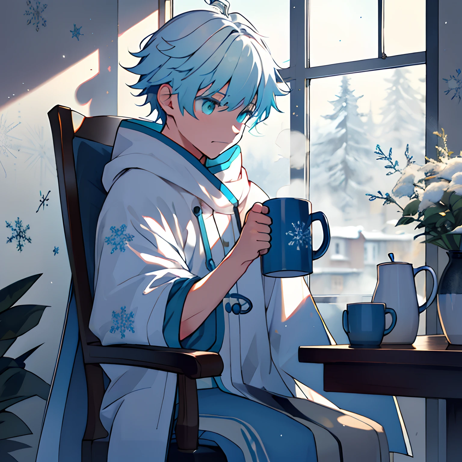 (Extremely detailed CG Unity 8k wallpaper, Best quality, 巨作), Fluorescent floating snowflakes float outside the window，One person sits in an adaptive chair，Head sideways，Covered with a fleece blanket，Warm mug in hand。The texture of the blanket is real，Steam and snowflakes on mugs reflect the fluorescence outside the window。The scene is quiet、Warm theme。