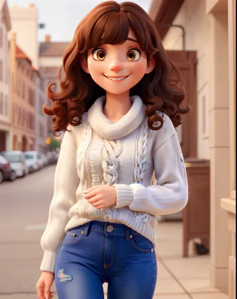 A beautiful girl with medium curly hair with bangs and dark brown, Dark eyes in jeans and white knitting smiling