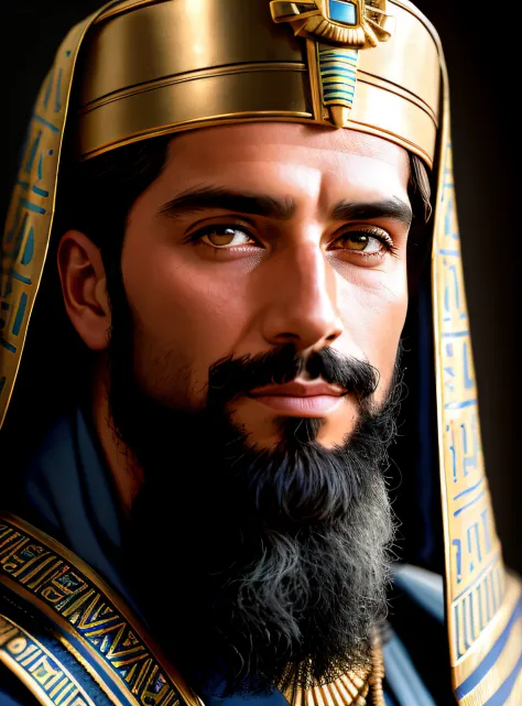 Um retrato de um homem com 30 anos, Joseph of Egypt, barbudo, com olhos penetrantes, rosto detalhado, detalhes altos, studio dar...