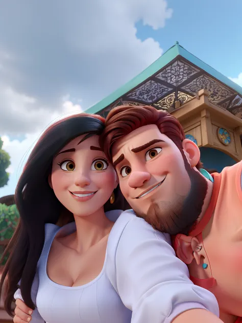 Casal (homem moreno e mulher branca) no estilo Disney Pixar, alta qualidade, melhor qualidade.