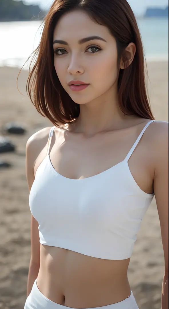 ((Realistic lighting, Best quality, 8K, Masterpiece: 1.3)), ((flat chest)), camisole,,Clear focus: 1.2, 1girl, Perfect Figure: 1.4, ((Dark brown hair)), (White crop top: 1.4), beach, Super fine face, Fine eyes, Double eyelids,