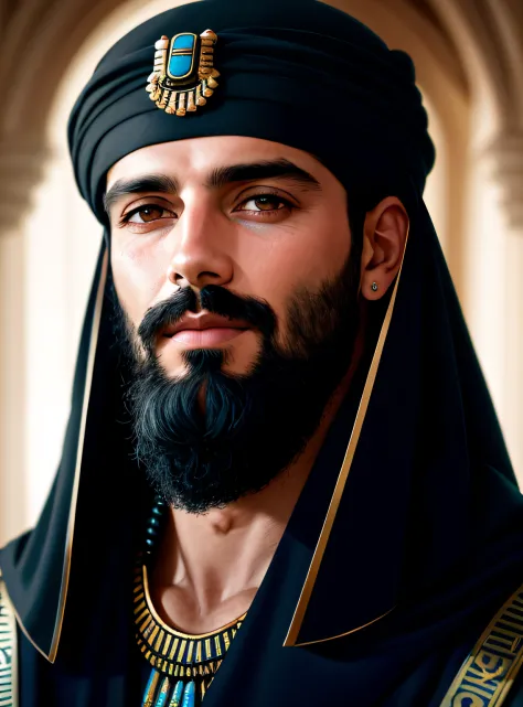 Um retrato de um homem com 30 anos, Joseph of Egypt, barbudo, com olhos penetrantes, rosto detalhado, detalhes altos, studio dar...