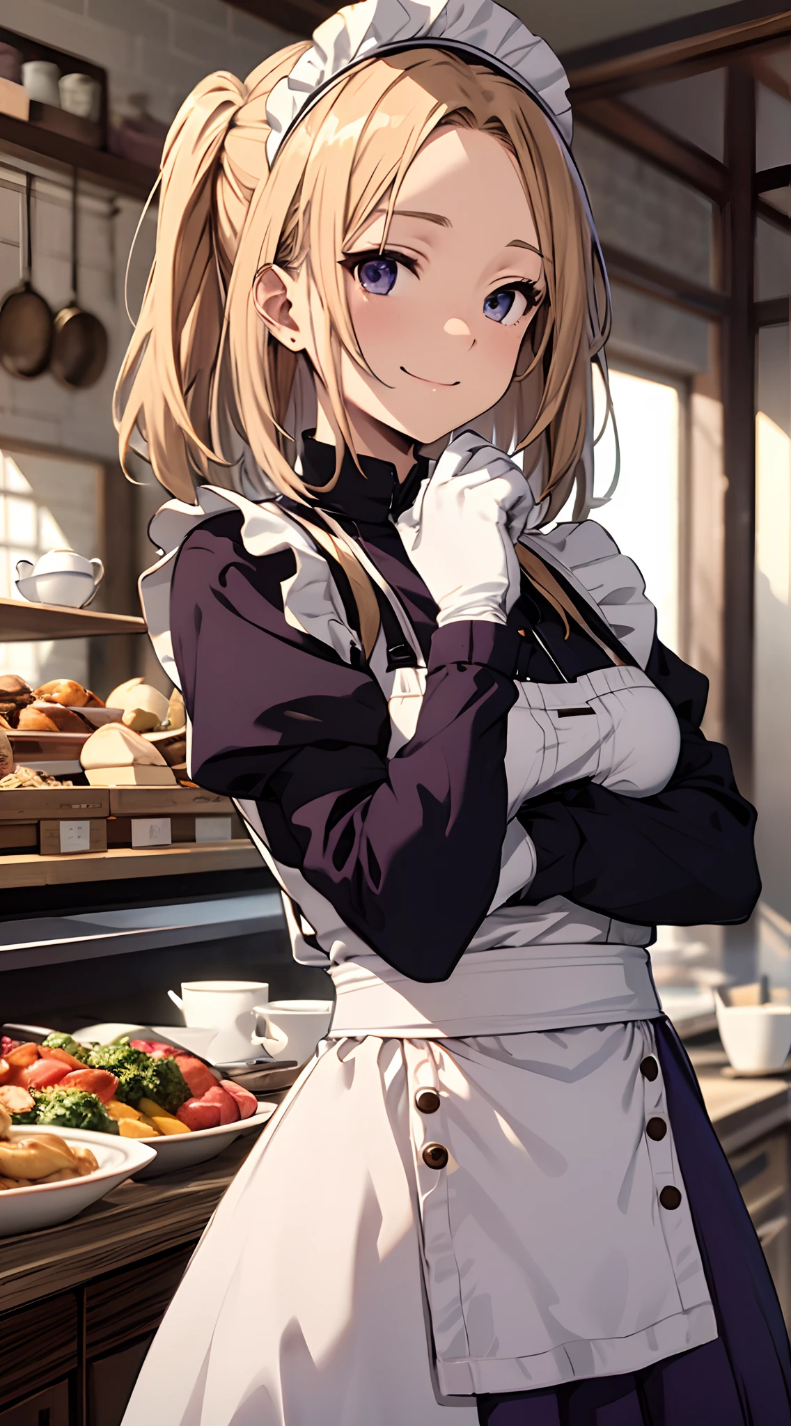 (((picture perfect))), (absurdres), 1girl, solo, miu amano, maid, maid headdress, waist apron, (purple shirt, purple skirt:1.2), short sleeves, white gloves, looking at viewer, v arms, smile, own hands clasped, cafe