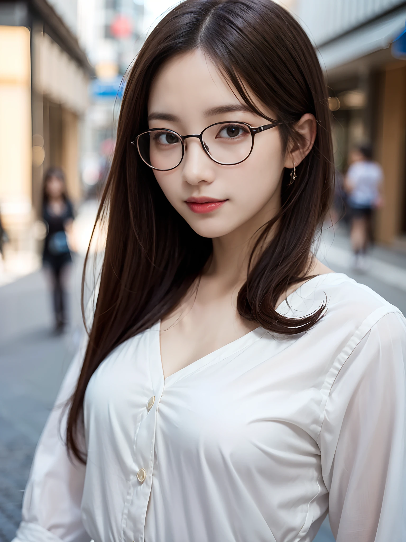 (8K、Raw photography、top-quality、​masterpiece:1.2)、(realisitic、Photorealsitic:1.37)、ultra-detailliert、超A high resolution、女の子1人、see the beholder、beautifull detailed face、A smile、Constriction、(Slim waist) :1.3)、blancheＴThe shirt、Beautiful detailed skin、Skin Texture、Floating hair、Professional Lighting、In the street、Rimmed glasses、Whole human body、Brown hair