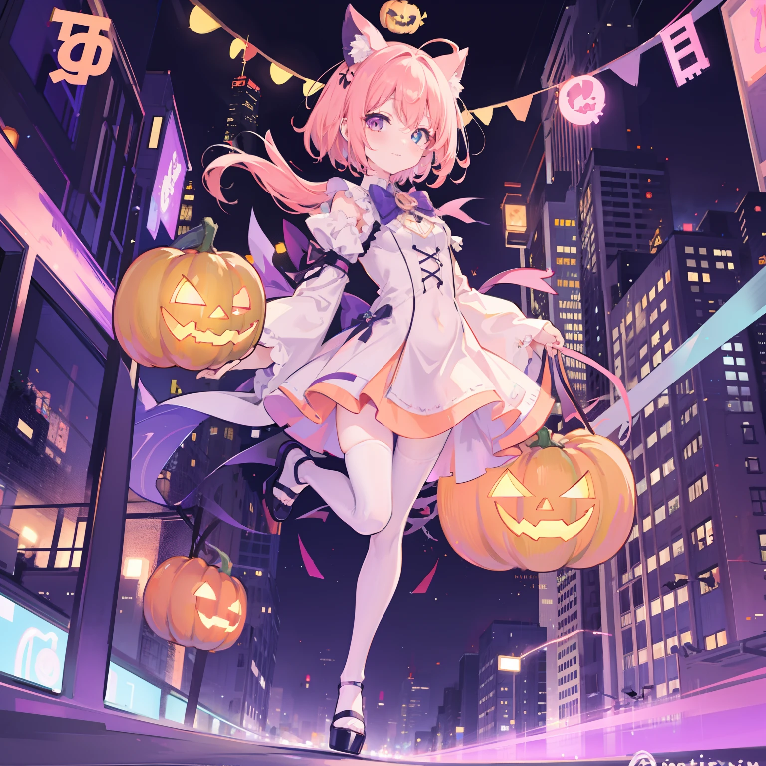 illumination, in city, pastel color, Jack o lantern, happy Halloween, 8K, top quality, 1080P BREAK intricate background, full body