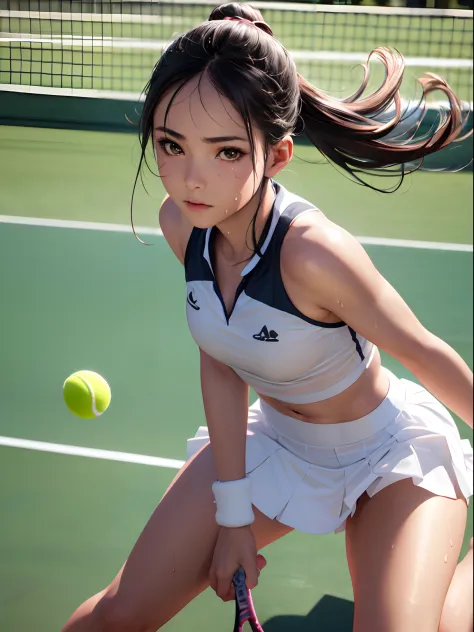 Best Quality, masutepiece,  High resolution, (Photorealistic:1.4), Raw photo, 1 beautiful girl ,Dynamic Angle,Female　Tennis play...