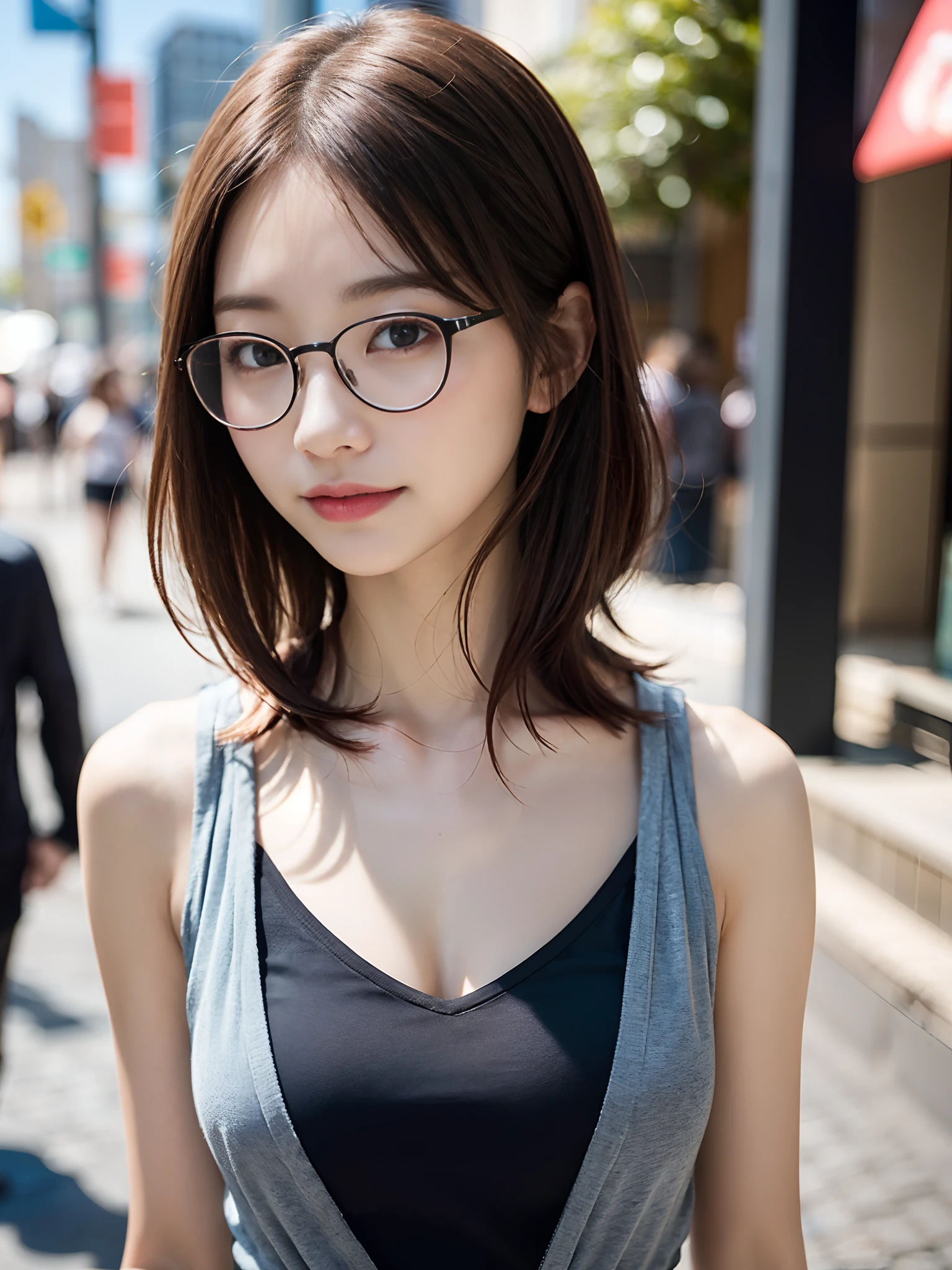 (8K、Raw photography、top-quality、​masterpiece:1.2)、(realisitic、Photorealsitic:1.37)、ultra-detailliert、超A high resolution、女の子1人、see the beholder、beautifull detailed face、A smile、Constriction、(Slim waist) :1.3)、blancheＴThe shirt、Beautiful detailed skin、Skin Texture、Floating hair、Professional Lighting、In the street、Rimmed glasses、Whole human body、Brown hair