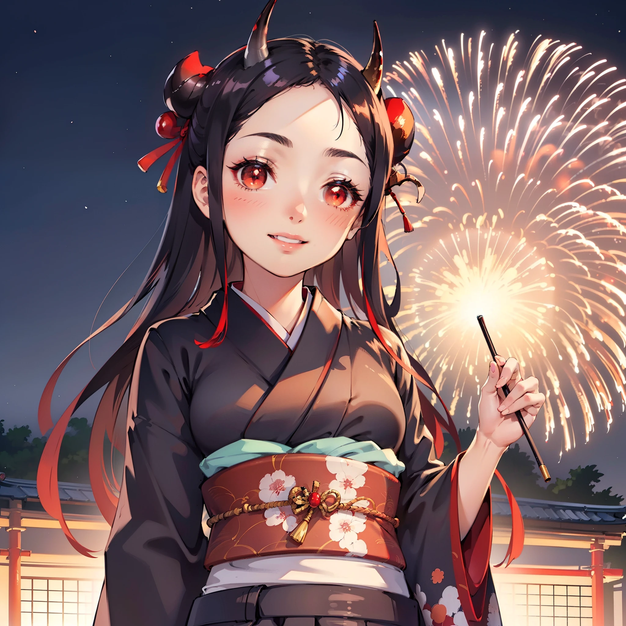 (masterpiece, best quality:1.2), (1girl, solo), 14years old, upper body, kimono, black long hair, (red demon horns, red eyes), smile, Japanese ancient capital, (night sky, firworks)
